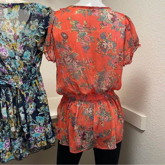 POETRY✌️2 Blouse BUNDLE Lightweight Semi Sheer Coral/Navy Floral Blouses Sz S - Picture 4 of 8